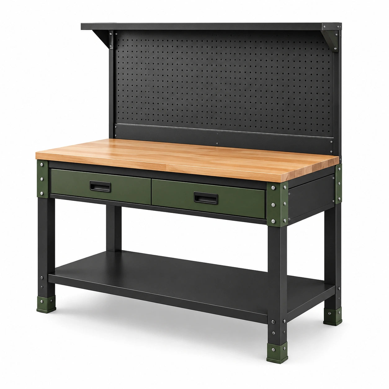 Établi en bois et métal avec tiroirs et panneau perforé noir et vert