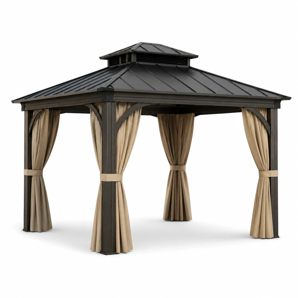 Pavillon en aluminium avec toit en acier et rideaux en polyester noir et beige 3x3m