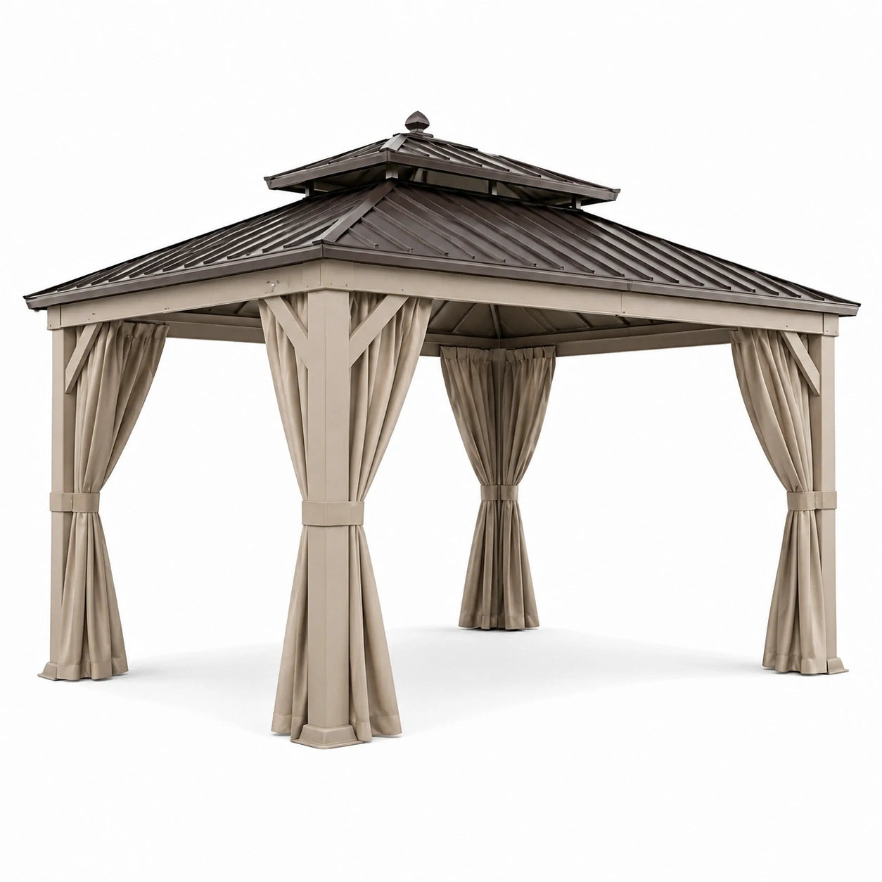 Pavillon en métal avec toit en aluminium et rideaux beige