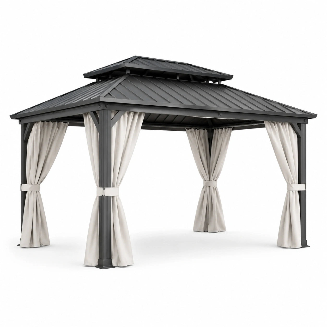 Pavillon en aluminium noir avec rideaux en polyester beige 300x300x270 cm