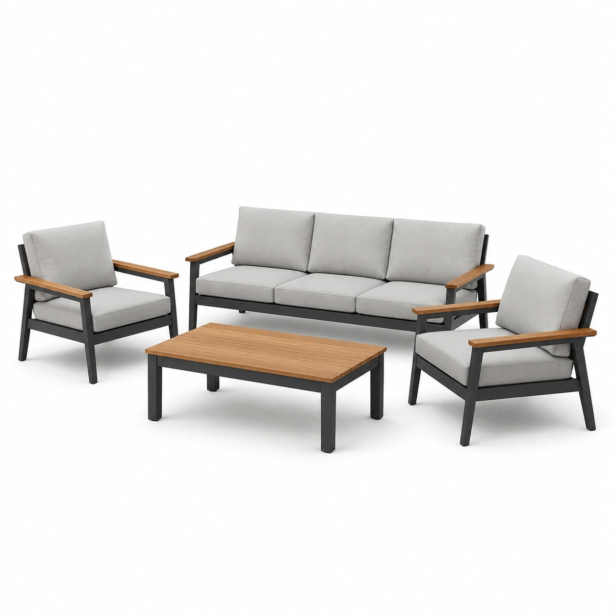 Ensemble salon de jardin en aluminium et bois avec coussins en polyester gris