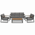 Ensemble de salon de jardin en métal avec coussins en polyester gris et table en bois d'acacia