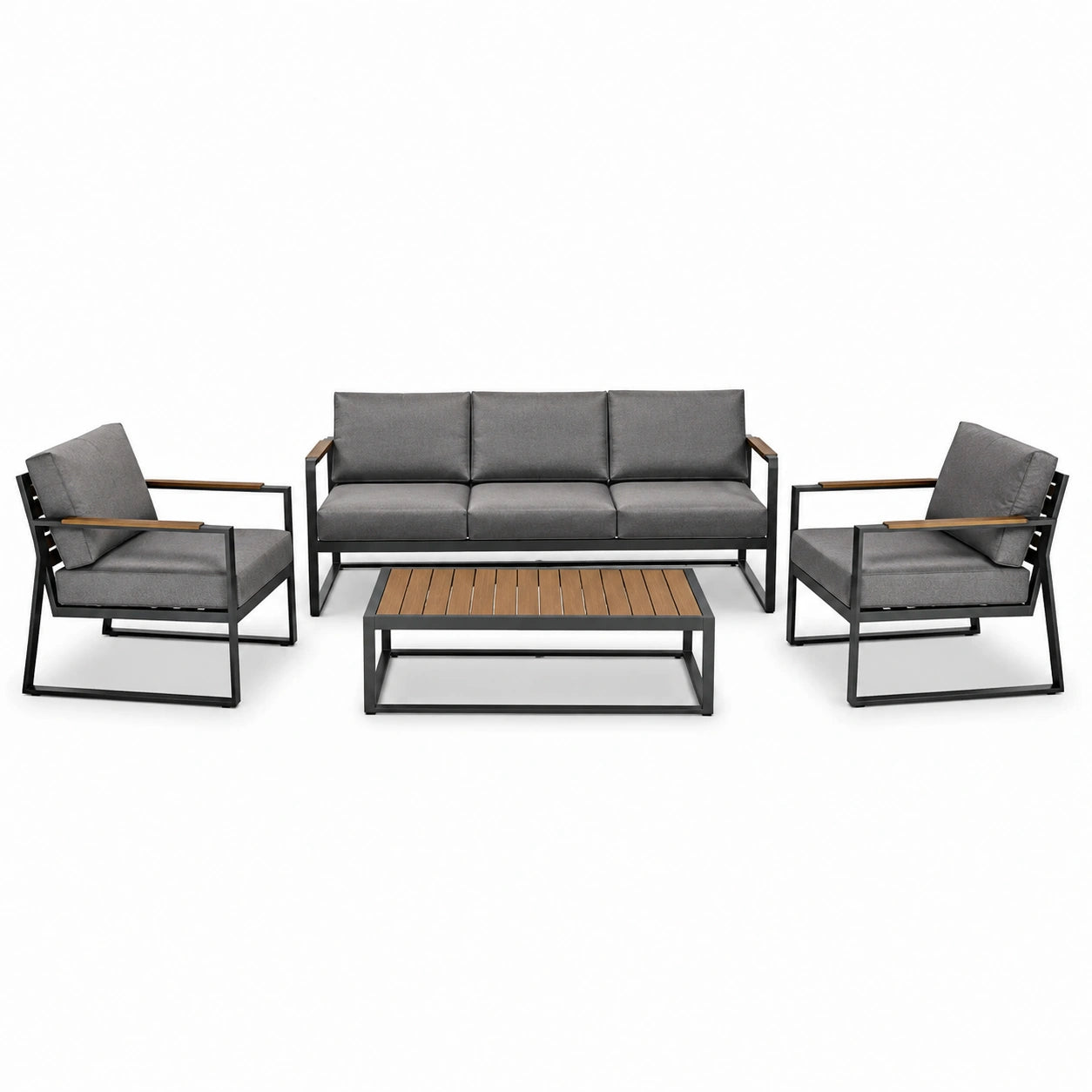 Ensemble de salon de jardin en métal avec coussins en polyester gris et table en bois d'acacia