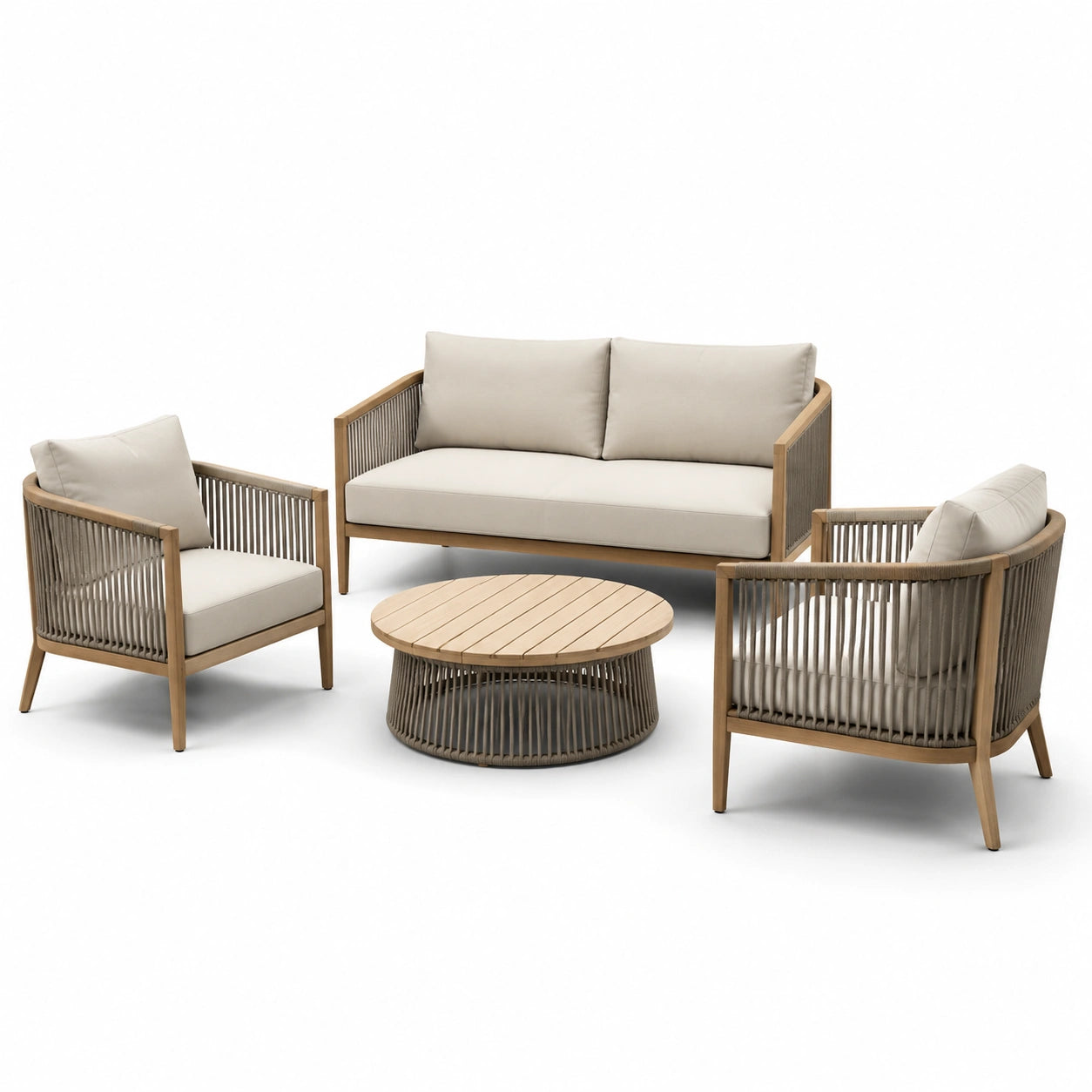 Ensemble de salon extérieur en bois et corde beige