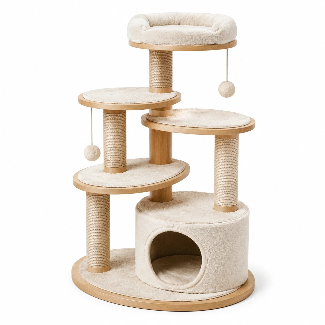 Arbre à chat en bois avec sisal et tissu polyester beige 4 niveaux
