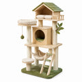 Arbre à chat en bois et sisal avec maison et hamac, vert et beige