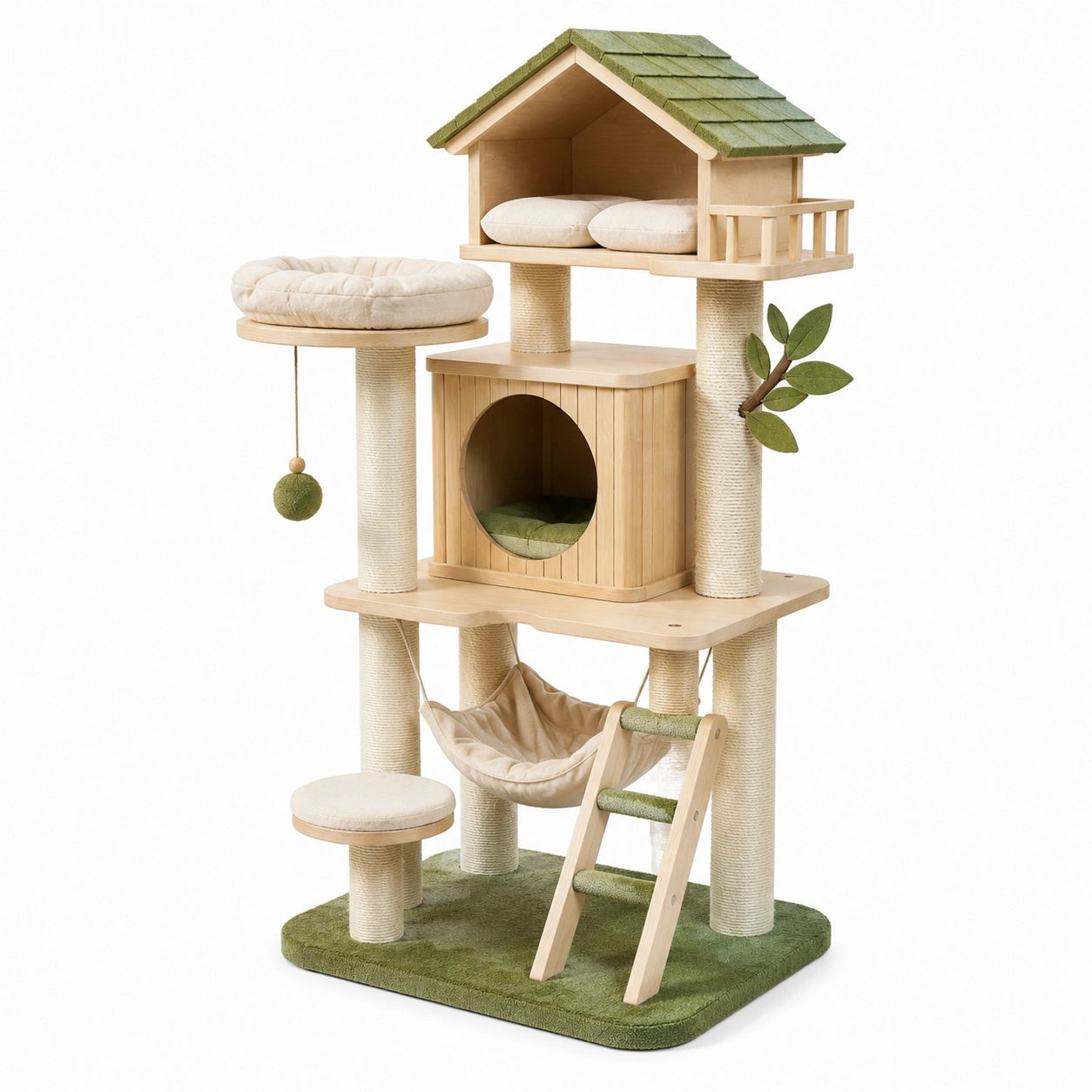 Arbre à chat en bois et sisal avec maison et hamac, vert et beige