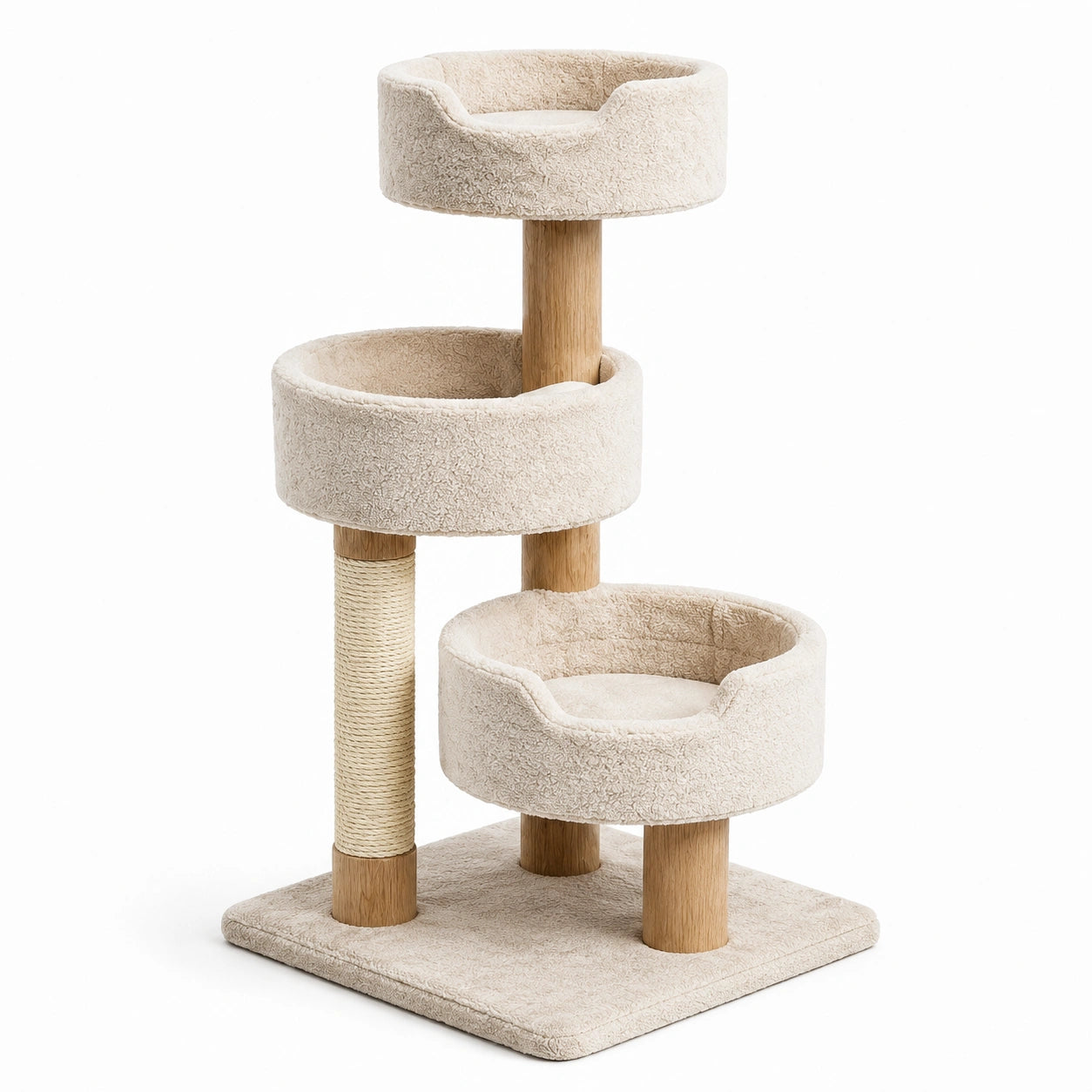 Arbre à chat en bois avec trois plateformes en tissu boucle beige