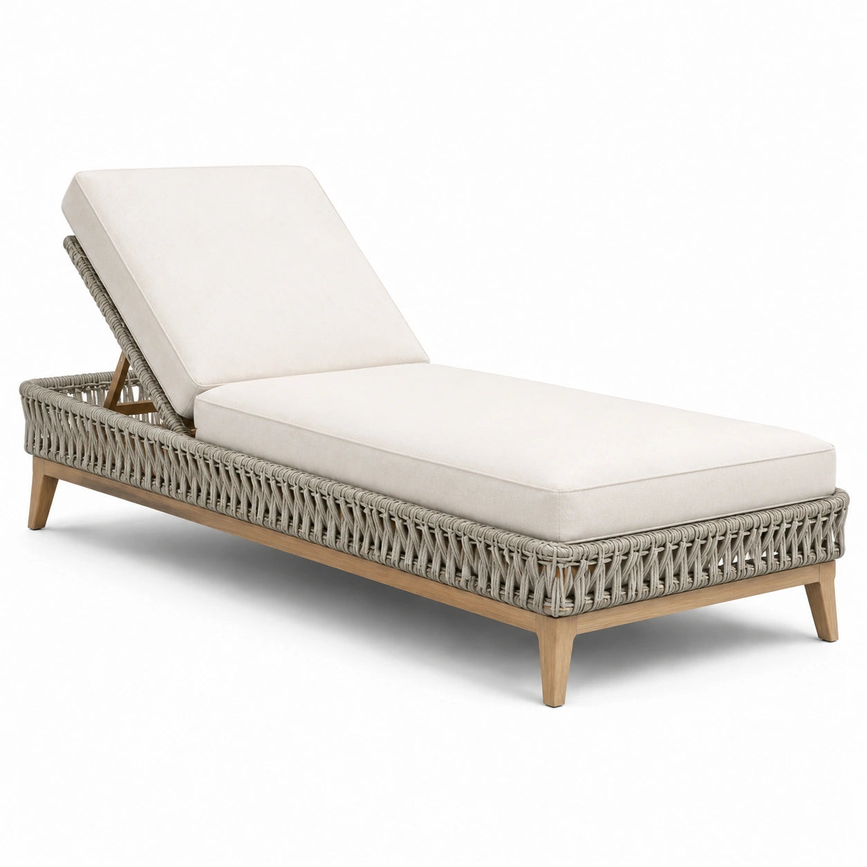Chaise longue en bois et résine tressée beige 200x70 cm