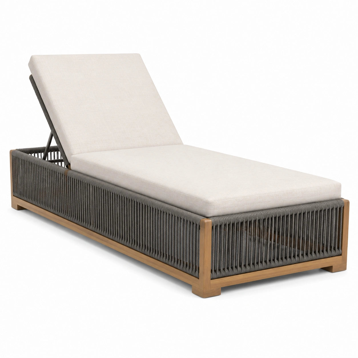 Chaise longue teck, cordage polyester, coussin beige