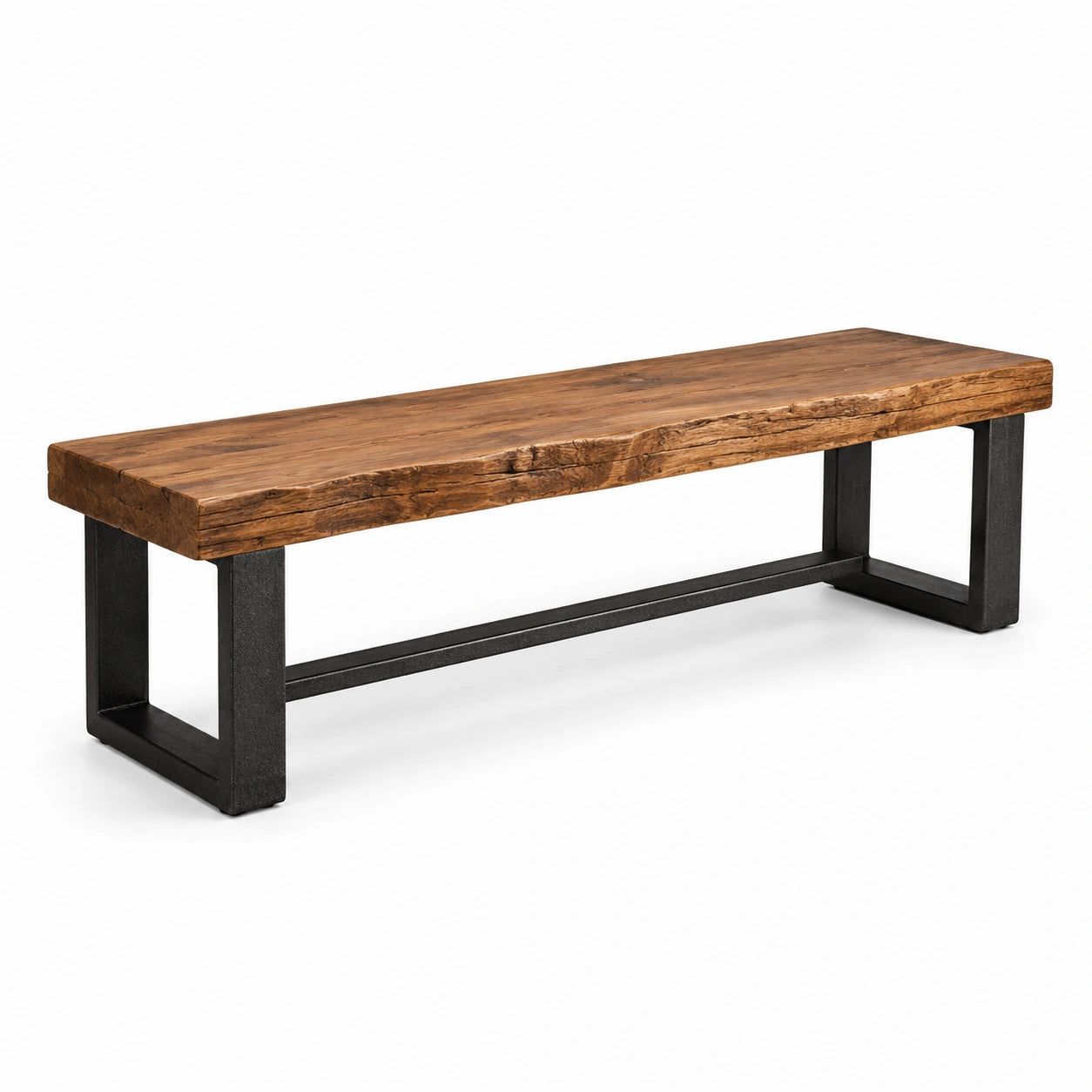 Banc en bois massif avec structure en métal, marron et noir