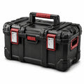 Boîte à outils en plastique noir et rouge avec système de verrouillage