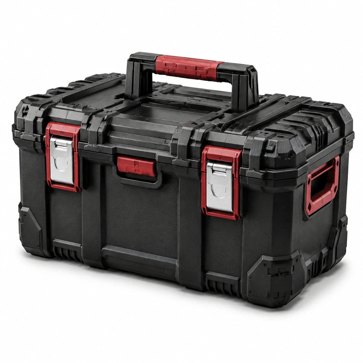 Boîte à outils en plastique noir et rouge avec système de verrouillage