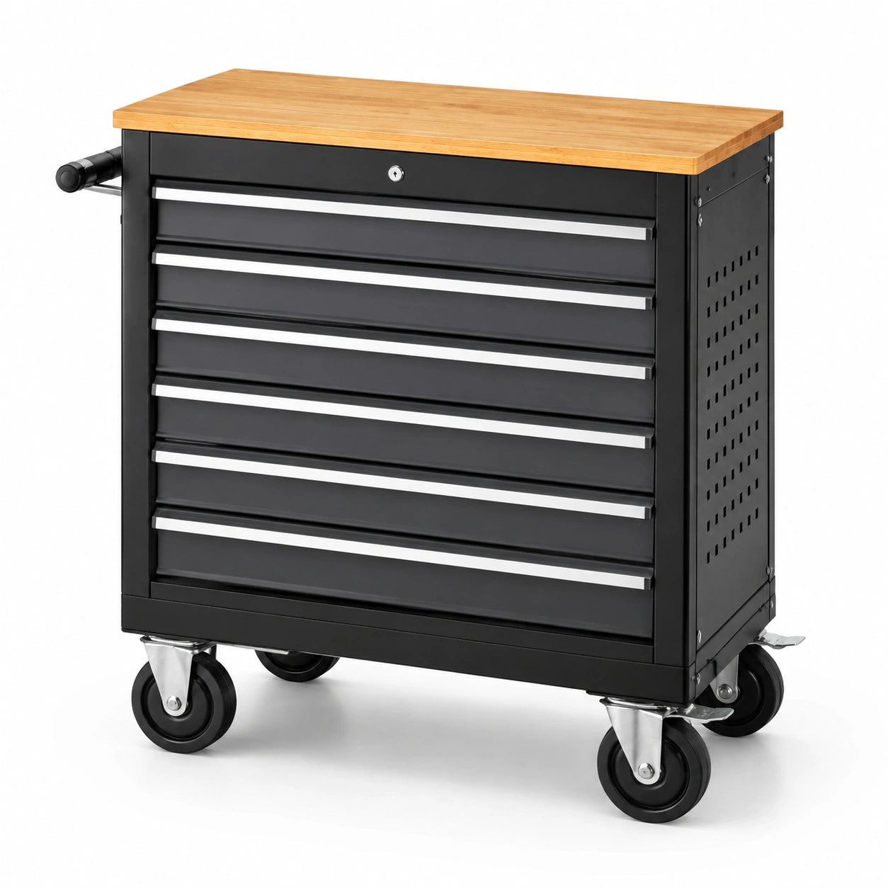 Chariot à outils en métal noir avec plateau en chêne et 7 tiroirs