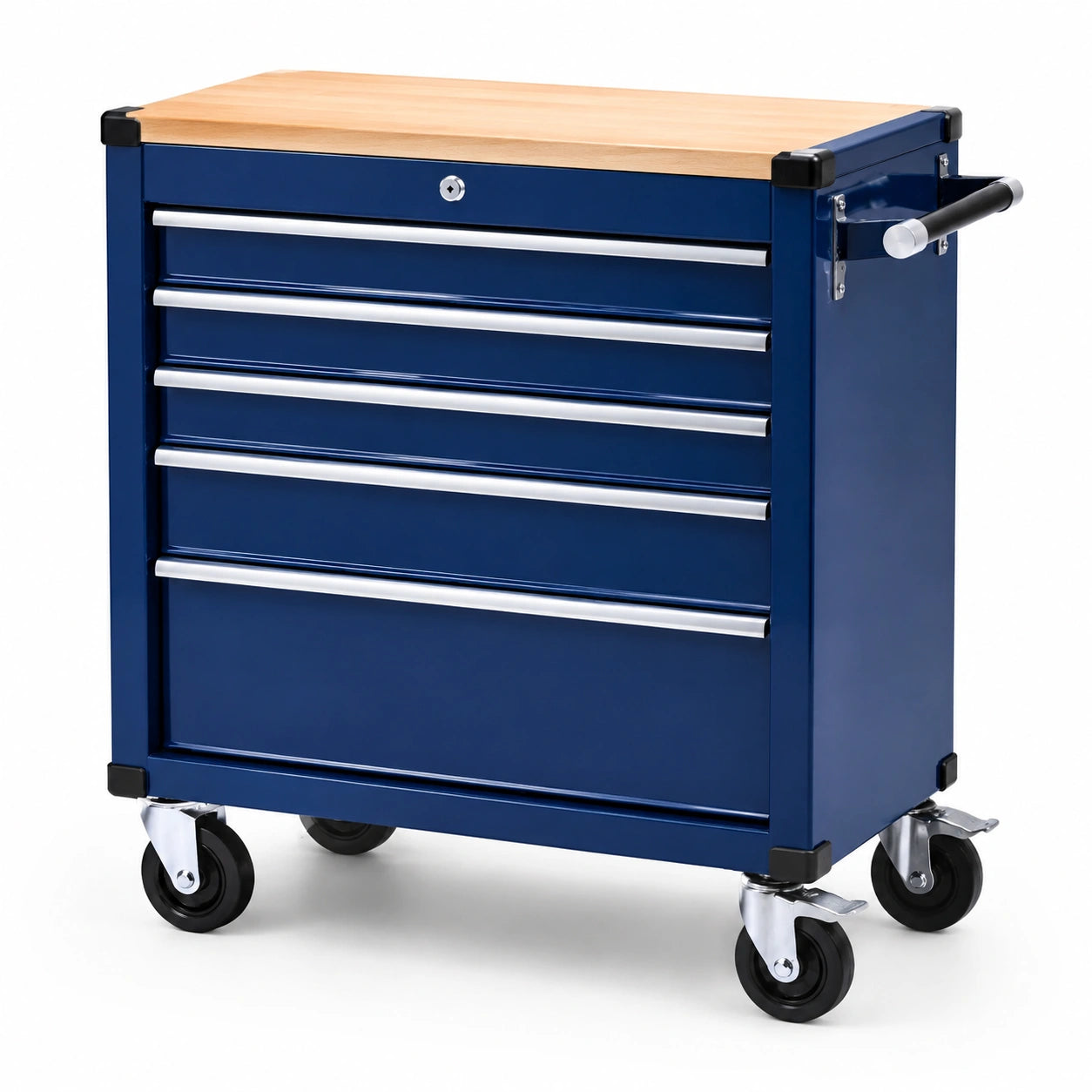 Chariot à outils en métal bleu avec plateau en bois 70x85x40 cm
