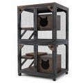 Enclos pour chat en acier noir avec roues et plateformes en bois 120x70x150 cm