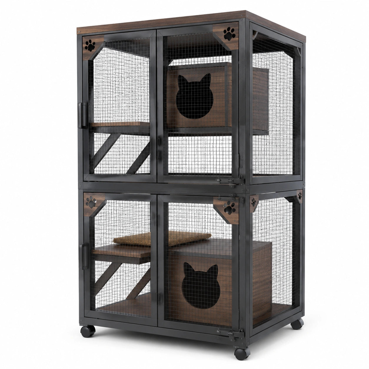 Enclos pour chat en acier noir avec roues et plateformes en bois 120x70x150 cm