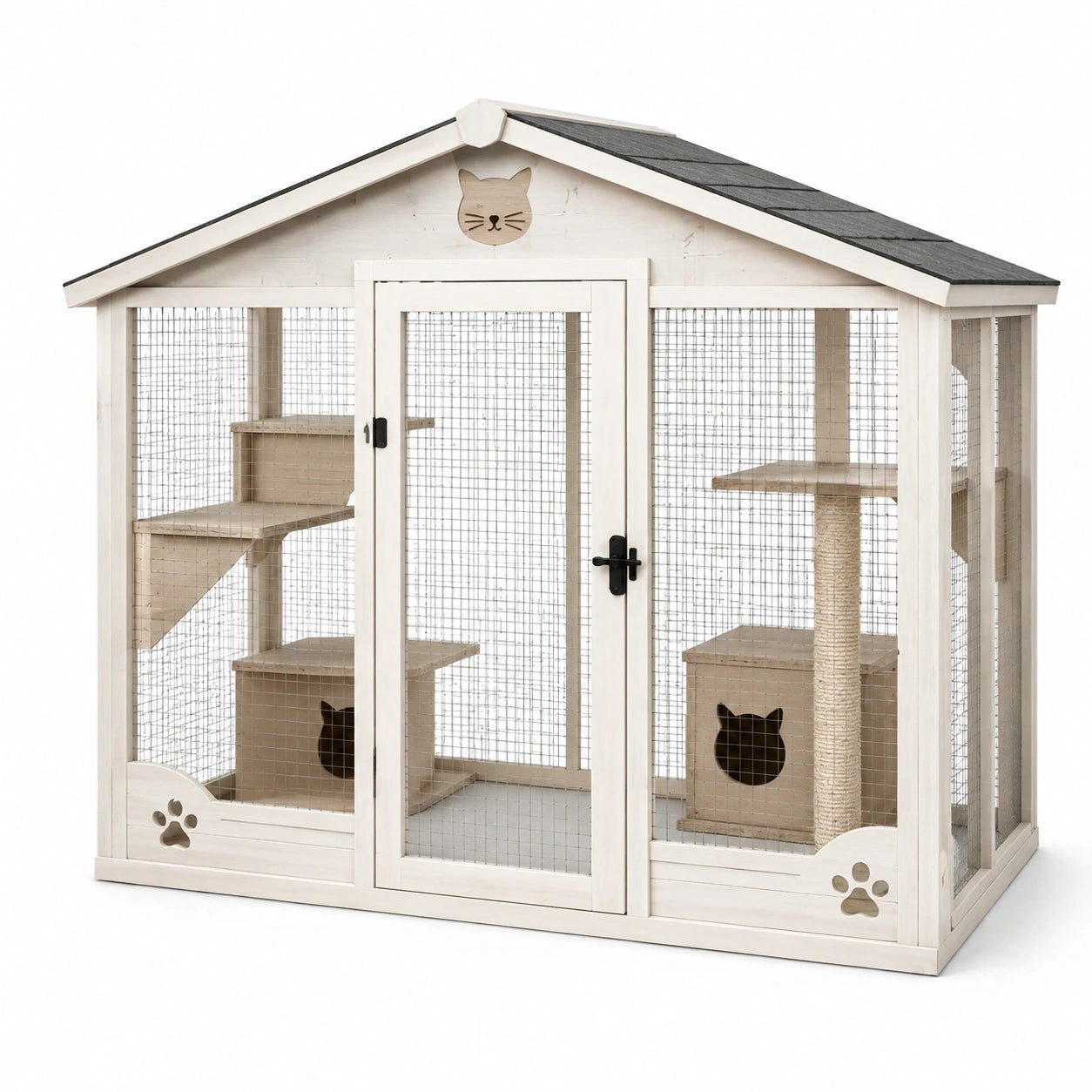 Enclos pour chat en bois de pin et métal galvanisé blanc 180cm x 120cm x 160cm