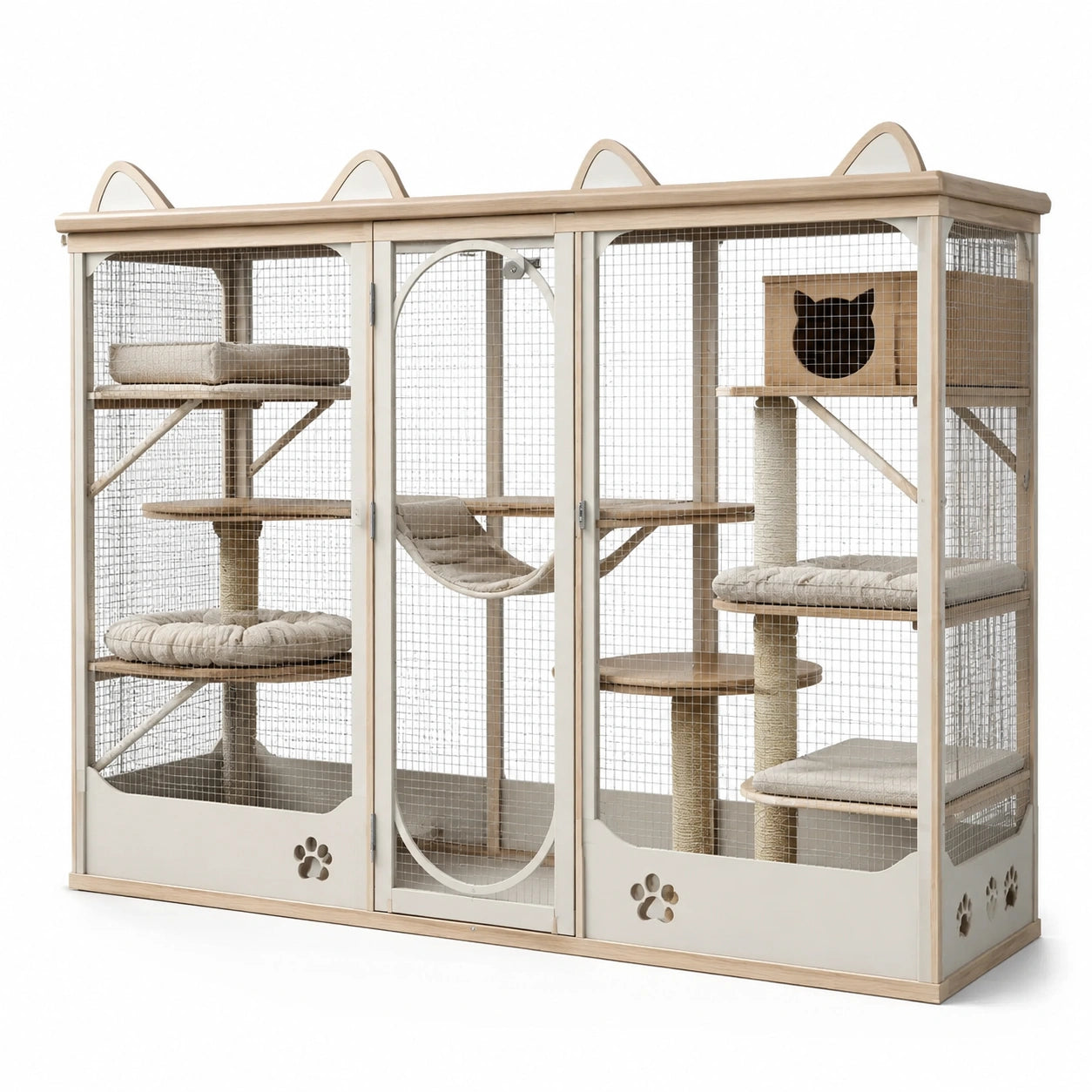 Enclos pour chat en bois et métal avec plateformes et abri, beige