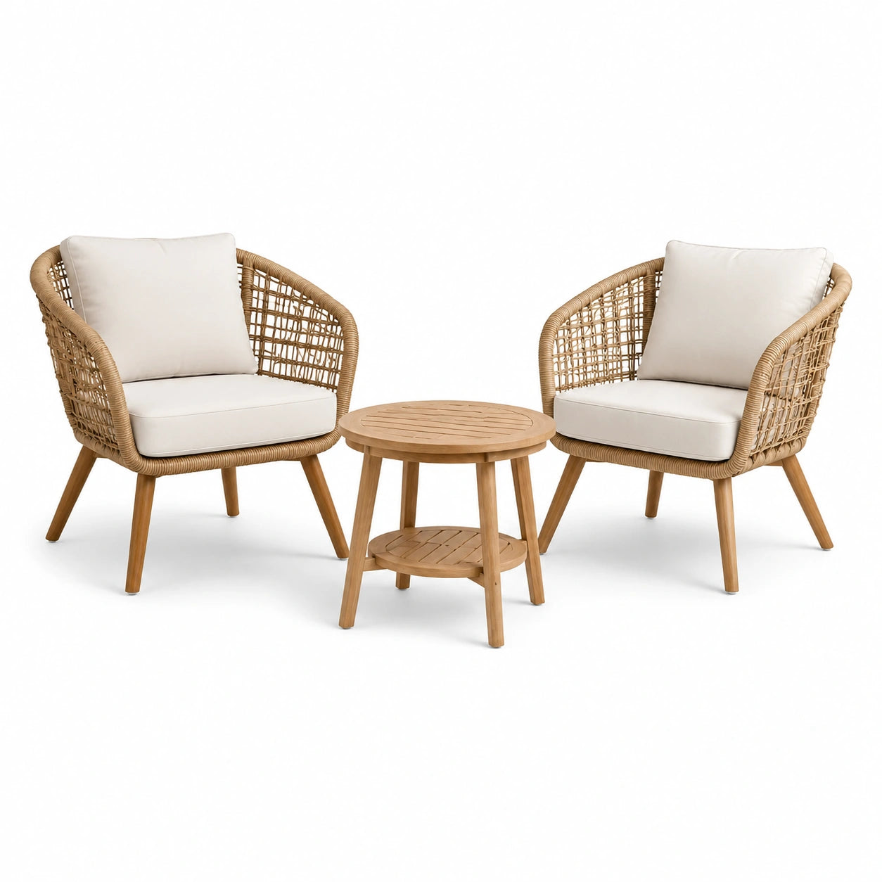 Ensemble en bois et rotin avec coussins beiges