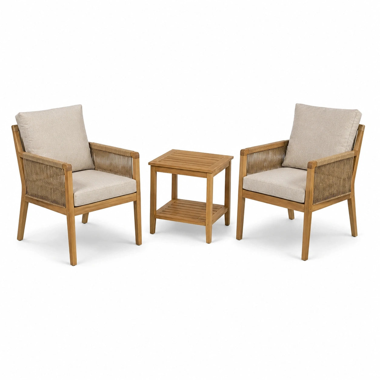Ensemble bistro en bois avec coussins en polyester beige