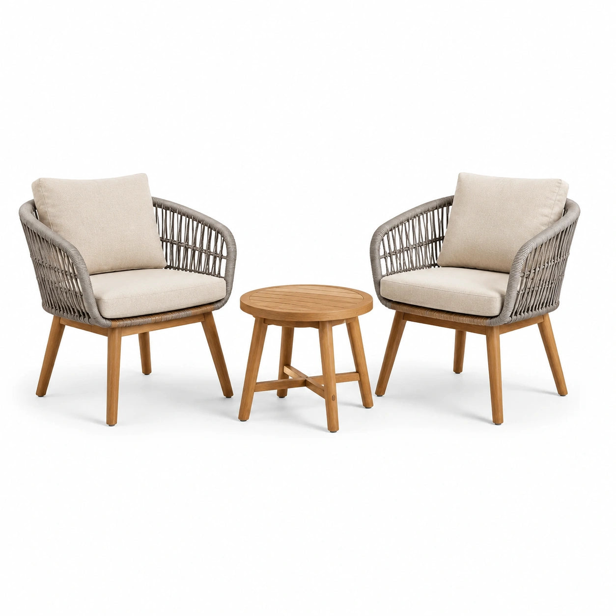 Ensemble bistrot en bois avec chaises en corde et coussins en tissu